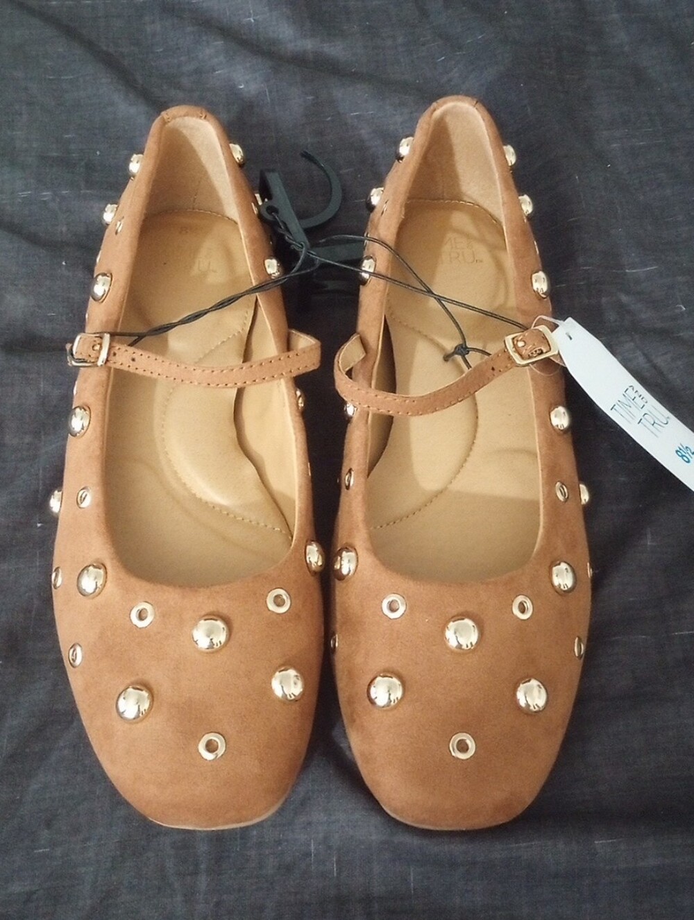 NWT Time And Tru Tan Studded Mary Jane Flats, Size 8.5